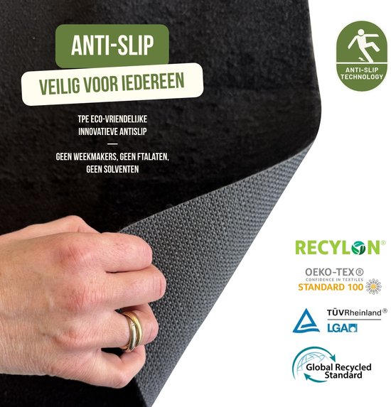 Zwarte mat met antislip onderkant, TPE eco-vriendelijke innovatieve antislip, Oeko-Tex gecertificeerd.