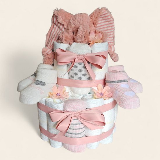 Luiertaart Roze met Happy Horse Olifant Emily – 26 Pampers maat 2 – 4 paar babysokjes – Kraamcadeau meisje — afbeelding 2