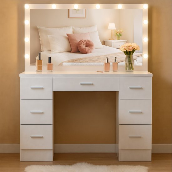 Foto: Clp kaptafel met spiegel en verlichting ginny make up tafel led licht dimbaar 3 lichtkleuren met lades 110x55 cm wit