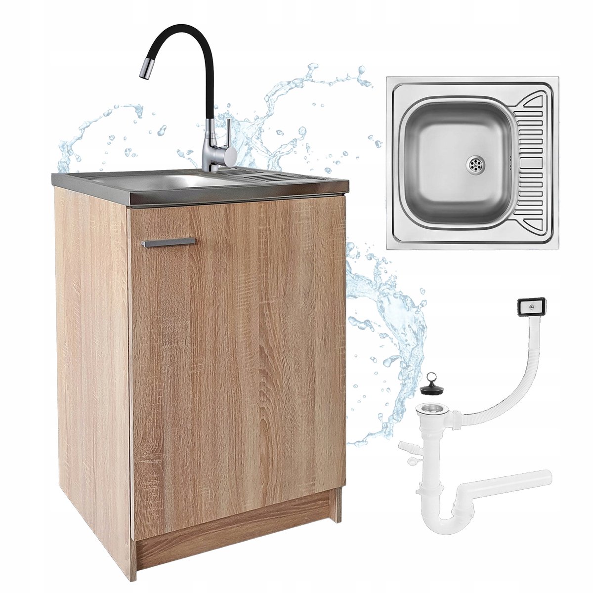 STAMAR Keukenonderkast 60 cm met 1-baks RVS spoelbak en keukenkraan - sonoma eiken Eik Sonoma