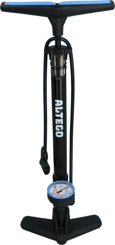 Altego Pompe de sol + Manomètre - 11 BAR/160 PSI - Tuyau de pompe 75cm - Pour valves Dunlop, Presta et Schrader - Plusieurs raccords adaptateurs