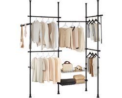 SoBuy Telescopisch Kledingrek – Verstelbare Open Garderobekast met Kledingstangen en Planken – Zwart, B(209–311) x H(200–295) cm, KLS04-II-SCH – voor Slaapkamer, Inloopkast