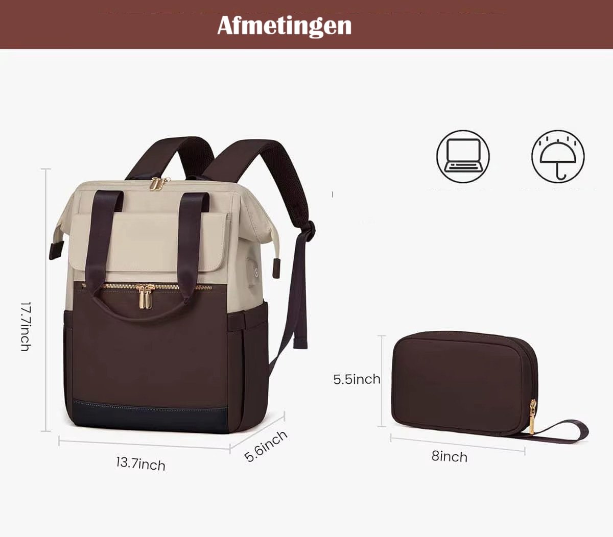 Bruin Crème Oxford Rugzak voor Vrouwen (43x30x20 cm) – Waterdicht, Ruim & Stijlvol | Luiertas, Reistas & Werktas met Extra Clutch (21x15 cm), Kofferband & Anti-diefstal Achtervak – foto 8