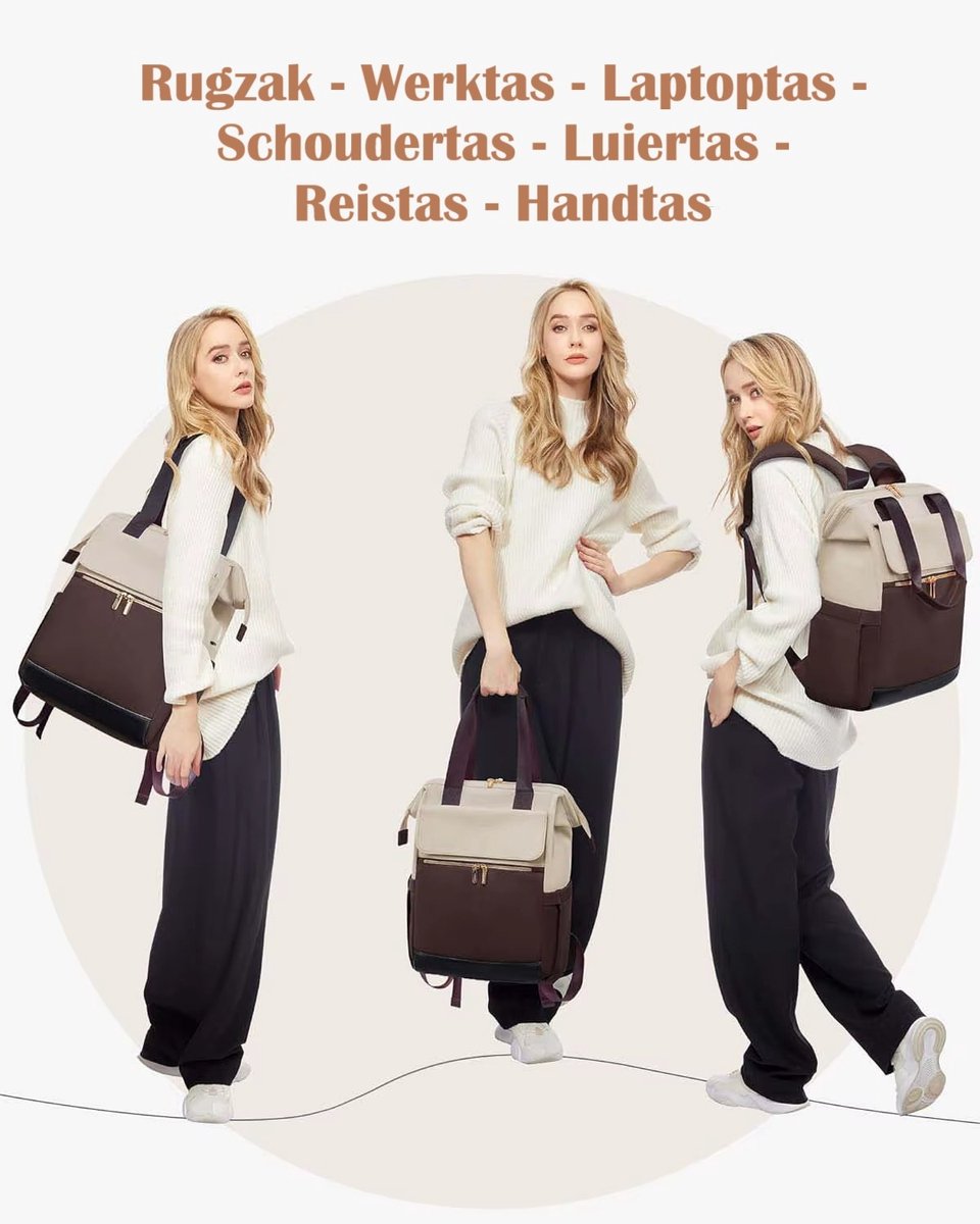 Bruin Crème Oxford Rugzak voor Vrouwen (43x30x20 cm) – Waterdicht, Ruim & Stijlvol | Luiertas, Reistas & Werktas met Extra Clutch (21x15 cm), Kofferband & Anti-diefstal Achtervak – foto 3