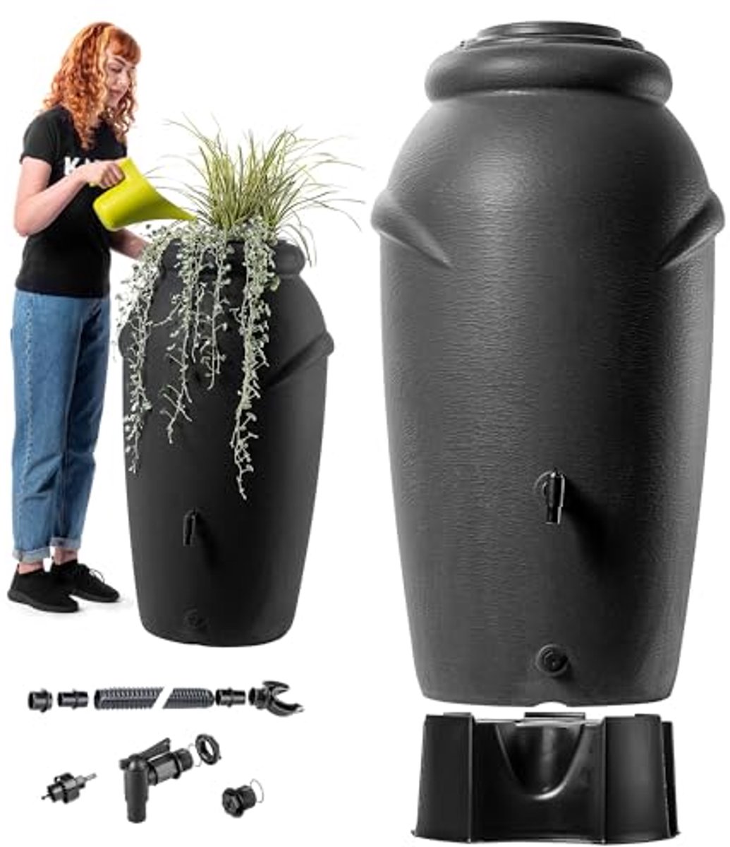Kunststof Regenton 210 Liter met Standaard en Kraan - Vorstbestendige Regenwatertank met Plantenbak