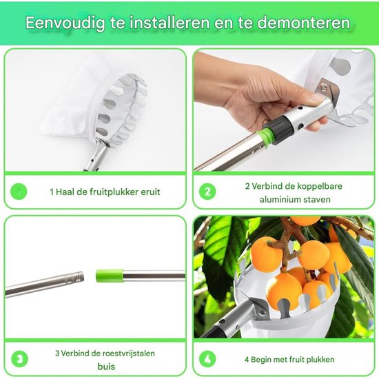 EXCITAT Fruitplukker - met telescopische handgreep - 2,4 m - met roestvrijstalen telescopische steel - Fruitplukker - kersenplukker - Geschikt voor peren, mandarijnen, sinaasappels — afbeelding 3