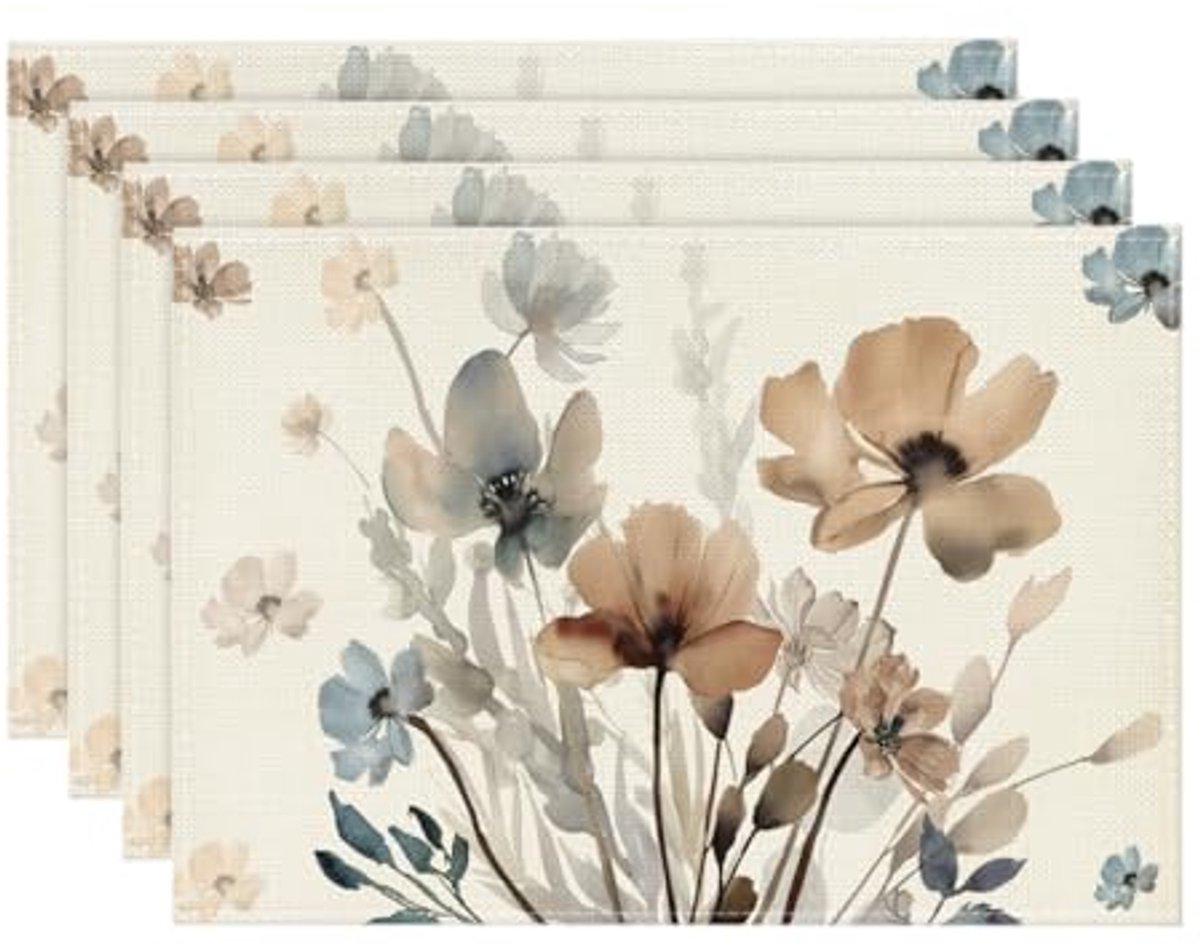 Set van 4 wasbare placemats met bloemen en bladeren - 30 x 45 cm