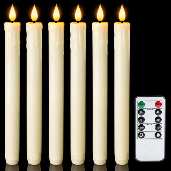 Sander Shop Echte LED-kaarsen zonder vlam, met afstandsbediening en timer, 9,6 inch ivoorkleurige nep-kandelaars, druppelvrije, op batterijen werkende raamkaars met 3D-flakkerende vlam voor open haard, Kerstmis, Halloween