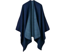 Dames poncho dames open voorkant winter gebreide jas Lady omkeerbare cape bedrukte oversized capes geruite gebreide deken tartan deken Boheemse geometrische patroon sjaal - 50% polyacryl, 50% polyester - Donkerblauw