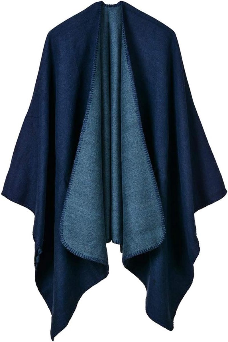 Dames poncho dames open voorkant winter gebreide jas Lady omkeerbare cape bedrukte oversized capes geruite gebreide deken tartan deken Boheemse geometrische patroon sjaal - 50% polyacryl, 50% polyester - Donkerblauw