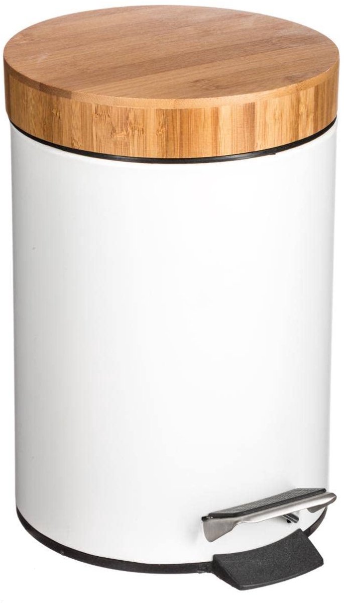 Stijlvolle Bamboe Afvalemmer met Deksel, 3 Liter, Wit