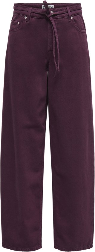 Paarse wijde jeans met trekkoord en strik aan de voorkant. Zonder model.