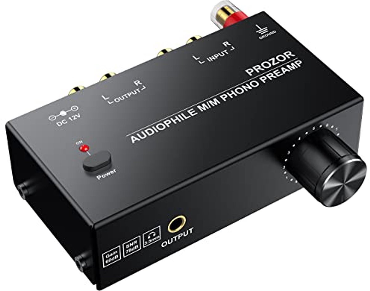 Phono Voorversterker voor Platenspeler met RCA Ingang en Uitgang, 12V - Zwart