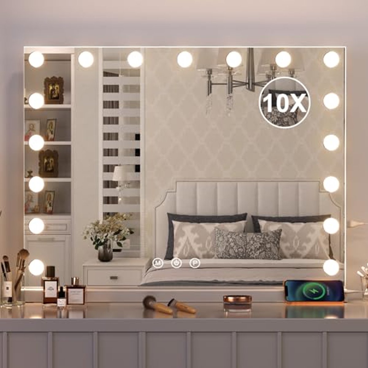 Verlichte Hollywood Spiegel met Dimmbare LED Lichten en 10x Versterking voor Make-up