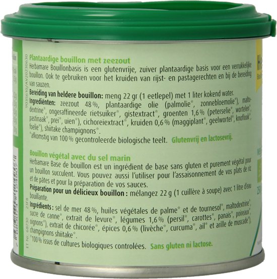 Blik Herbamare bouillon met gedetailleerde ingrediëntenlijst in het Nederlands en Frans.