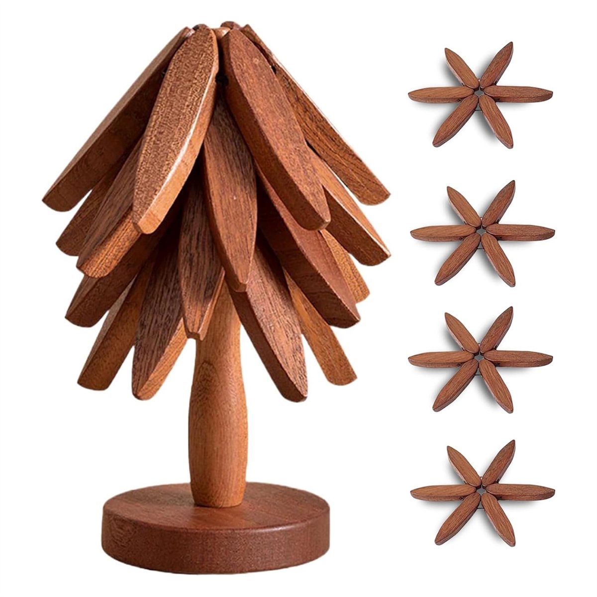 QTTVBTNA - Houten Onderzetters - 4 stuks + 1 Boomstandaard - Kerstboom Design - Hittebestendig & Isolerend - Voor Keuken en Eettafel - Walnootkleur - 20x20x1,3cm