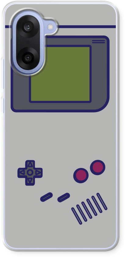 Transparant telefoonhoesje met een print van een grijze Game Boy met groen scherm en paarse knoppen.