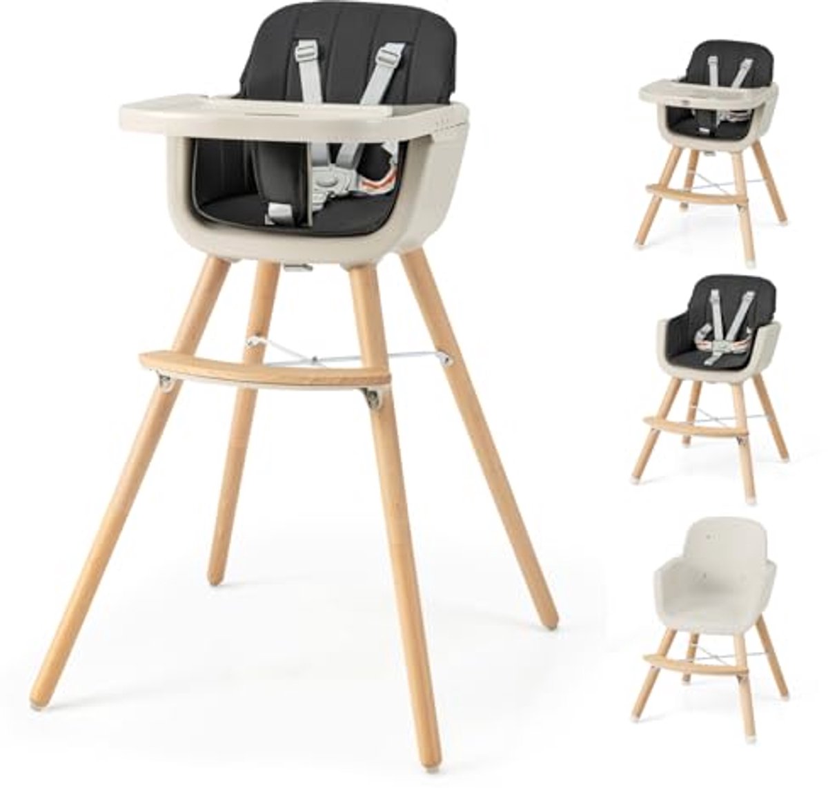 Image of 6-in-1 Kinderstoel voor Baby's en Peuters met Afneembaar Dienblad - Converteerbare Houten Stoel