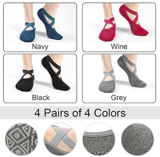 4 paar sokken - yogasokken - antislipsokken - vloersokken - yoga sportsokken - one size fits all - geschikt voor ballet, dans, sport - rood, blauw, zwart, grijs van ToeSox — afbeelding 5