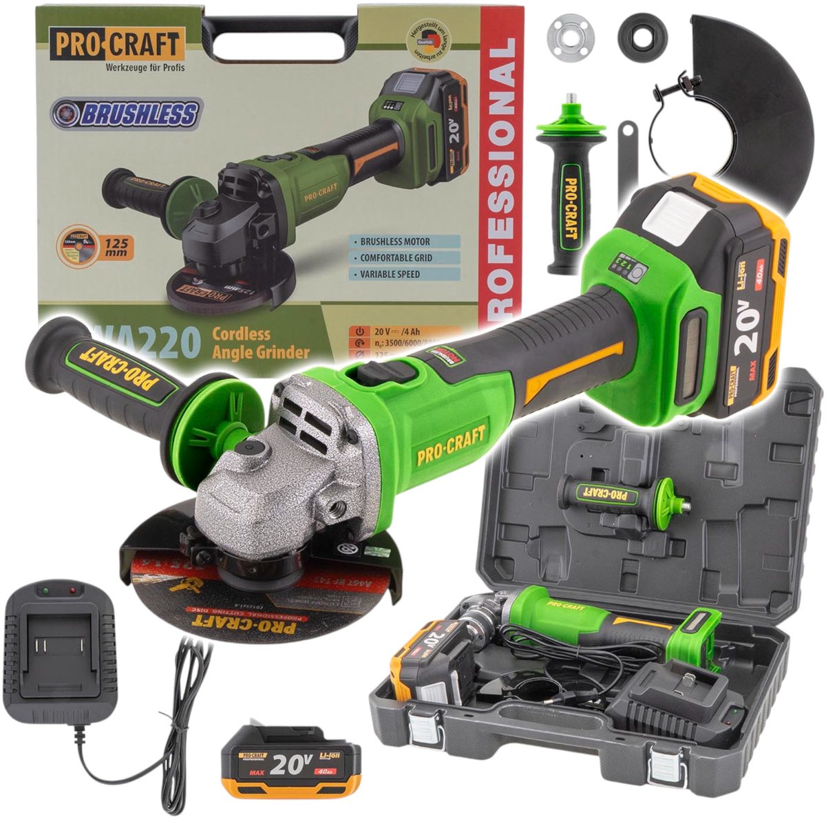Procraft PWA220 accu haakse slijper 20 V 125 mm borstelloos + 1x accu 4,0 Ah + oplader + koffer