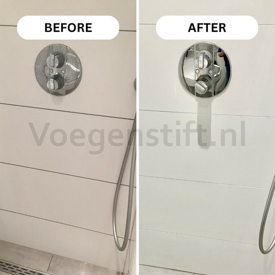 Douchekraan voor en na reiniging met de voegstift. De chroomkraan is weer glanzend.