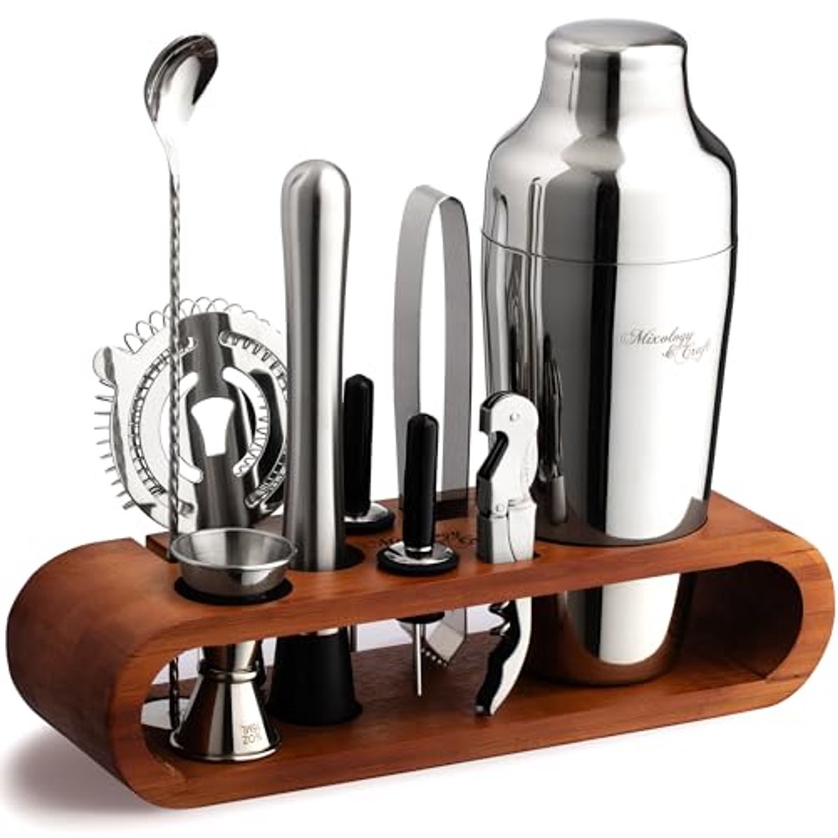 10-delige bartending set voor cocktailmixen met bamboestandaard - Thuisbartender en Shaker Set