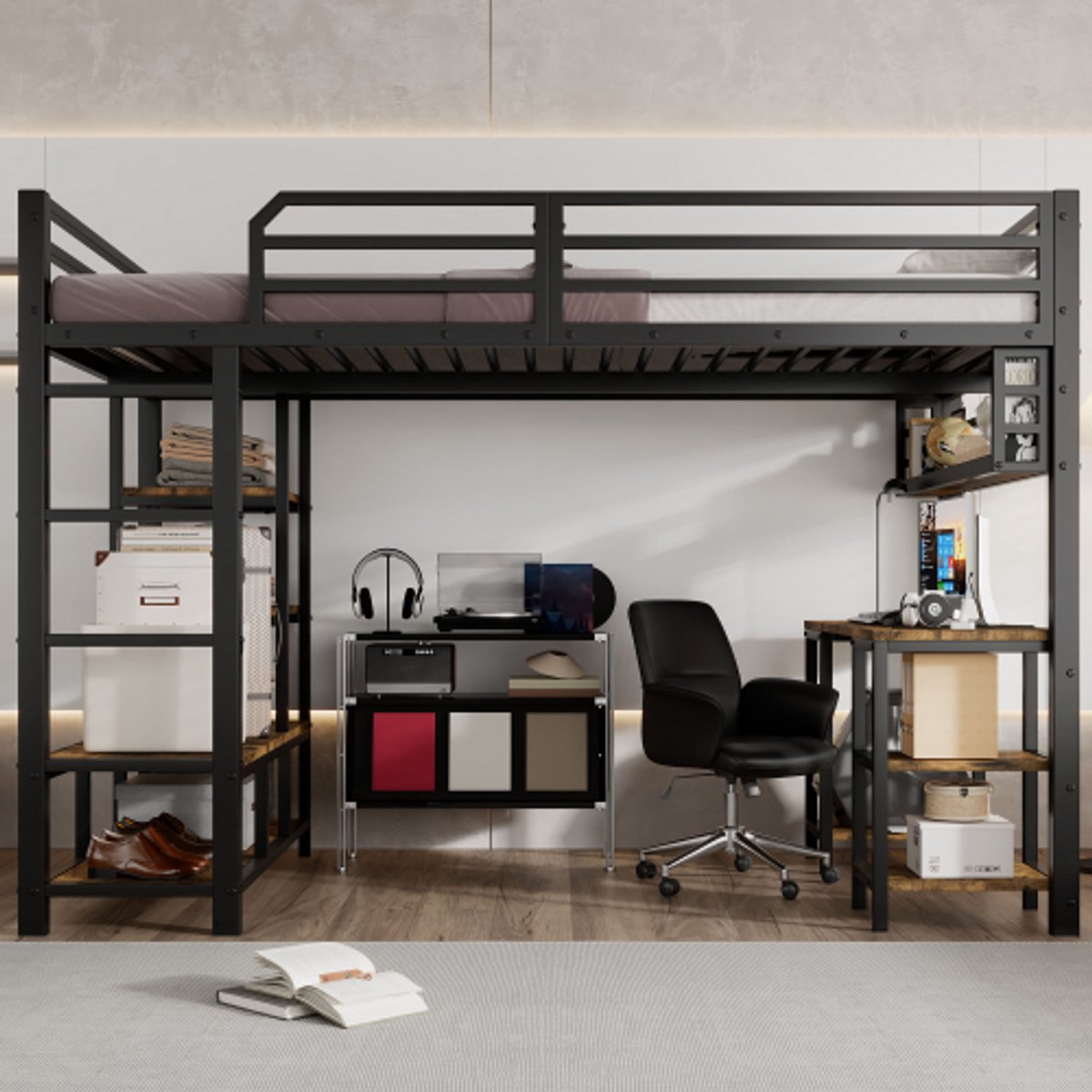 Halfhoog bed 90x200cm - Kinder hoogslaper met opbergruimte en ladder - Wit