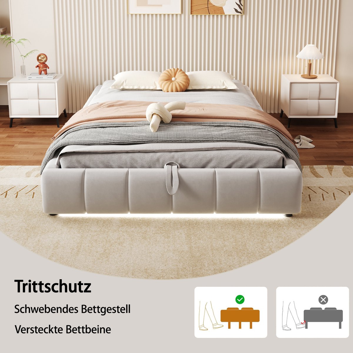 Singularity Gestoffeerd bed 140 x 200 cm- zonder hoofdbord- met LED-lichtstrip (monochroom)- hydraulisch zwevend bedframe met opbergruimte- eenpersoonsbed- jeugdbed- beige- zonder matras