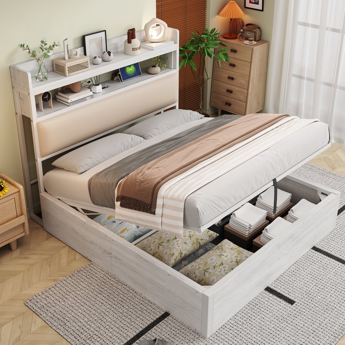 SINGULARITY-Gestoffeerd bed 140 x 200 met hydraulische hefinrichting- USB- gestoffeerd hoofdeinde- vintage design in hout en metaal- wit- zonder matras