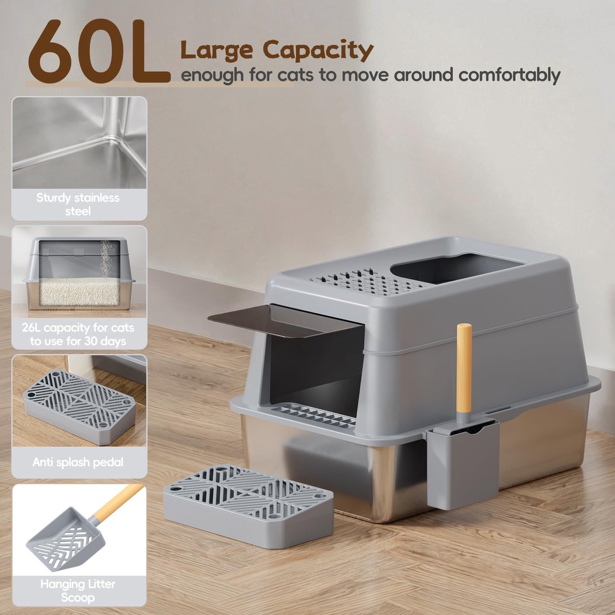 SZEETECH Kattenbak van Roestvrij Staal Met Deksel, Kattenbox Groot XL,Stainless Steel Cat Litter Box, Gesloten Kattentoilet Met Hoge Rand, Twee Ingangen, Schepje Matje Opstapje- 60x 40x39,5cm (Grijs