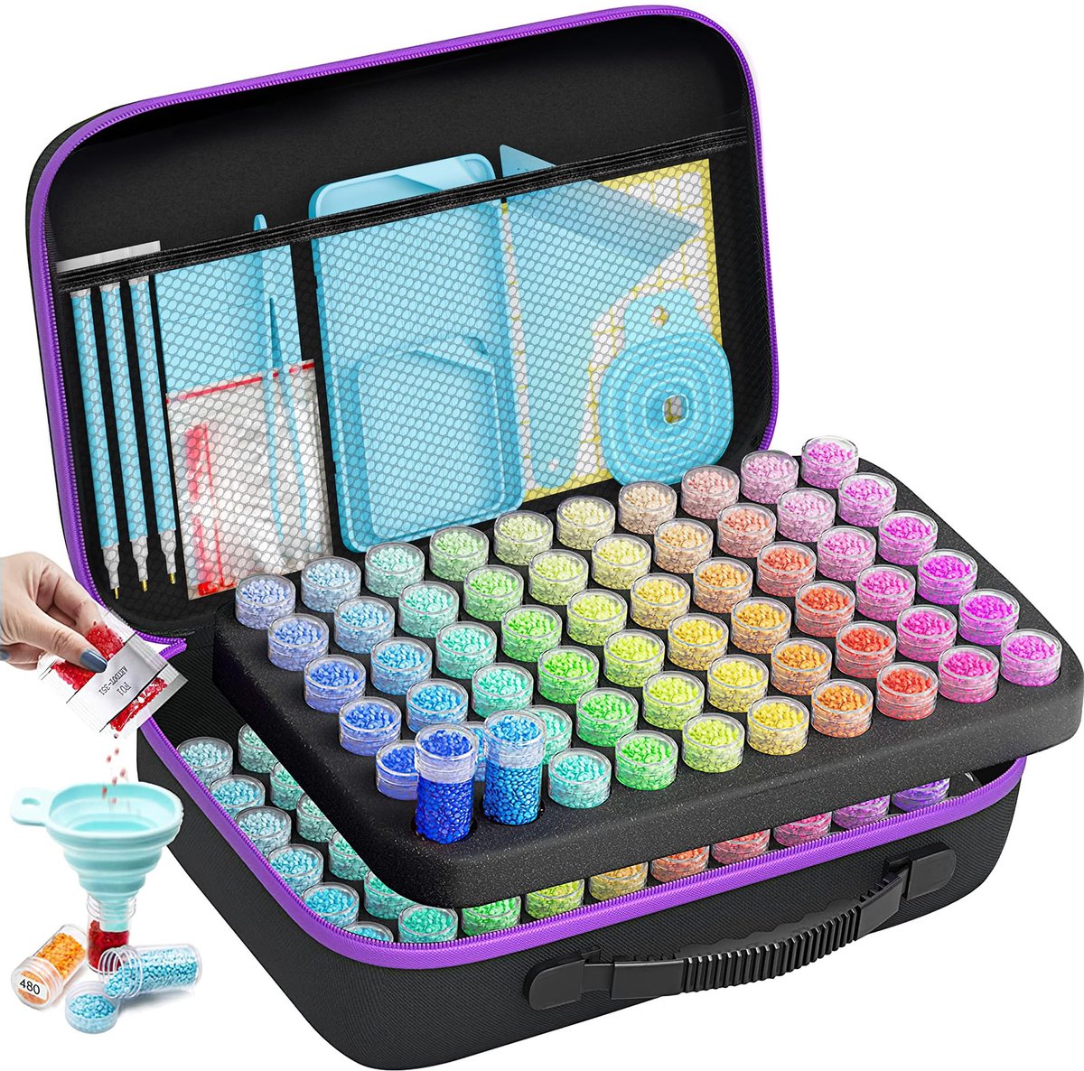 Diamond Painting Opbergkoffer - Met 120 opbergdoosjes, trechter en stickers - Voor Diamond Painting accessoires