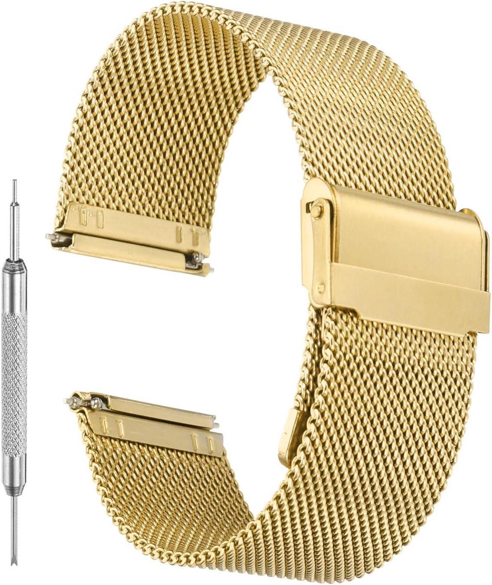Allecto plus - Mesh horlogebanden van roestvrij staal voor mannen en vrouwen, snelwissel Milanese armband - Verstelbare reservearmband - Goud - Inclusief gereedschap - 24 mm breed.