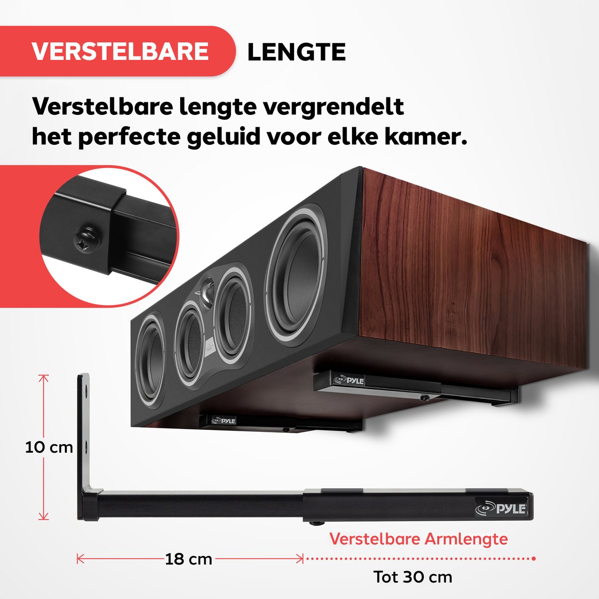 Pyle Verstelbare Speaker Wandbeugels – 2-Pack Uittrekbare Stalen Armen voor Center Speaker, Kleine of Grote Luidsprekers & Soundbars – Draagvermogen 50 kg - Inclusief Bevestigingsmateriaal