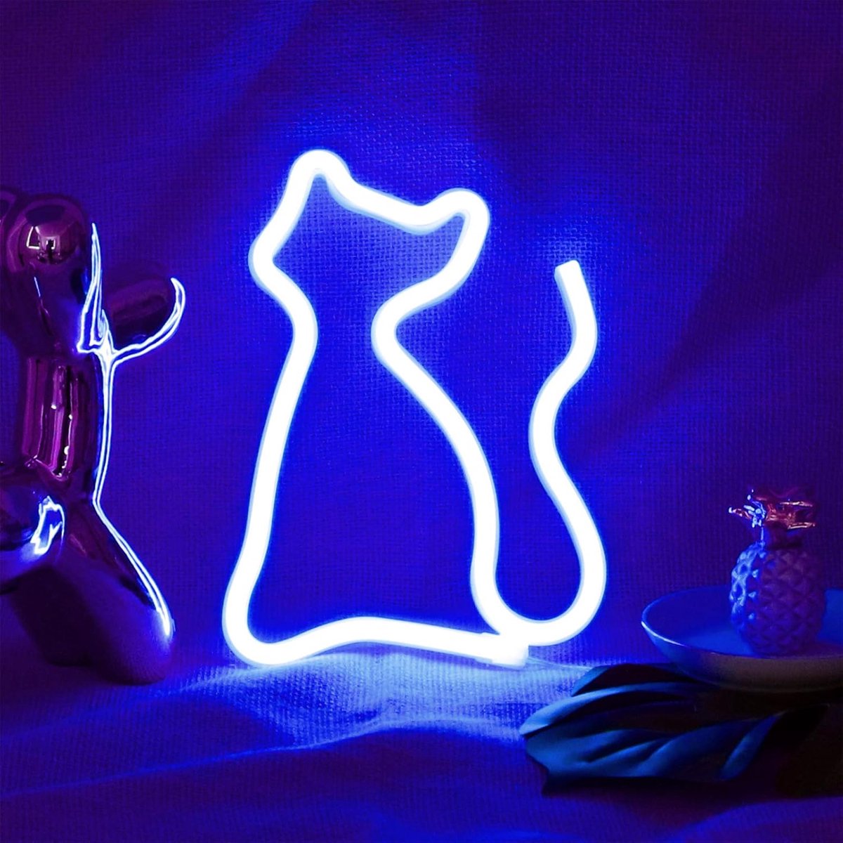 Daity LED-kat neonbord voor aan de muur - werkt op batterijen of USB - geschikt voor kamerdecoratie - tafeldecoratie met LED-neonbord - geschikt voor bar - Kerstmis - huisfeest - verjaardag - kinderkamerdecoratie of meisjeskamer (blauwe kat)