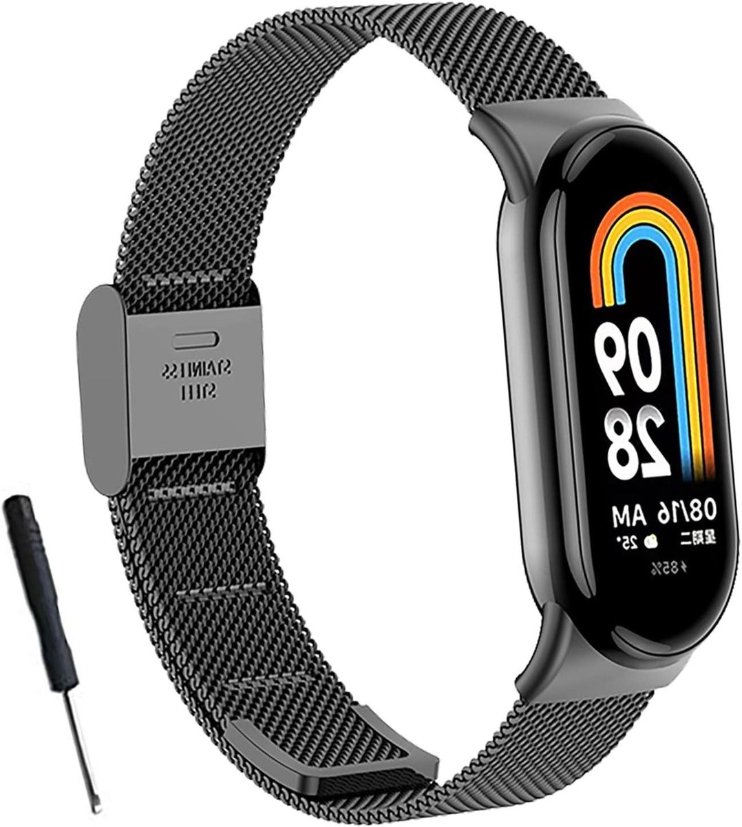 Allecto plus - Zwarte roestvrijstalen reservearmband voor smartband 9 en 8