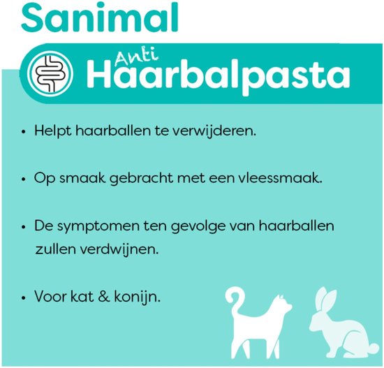 Sanimal Anti-Haarbalpasta: Helpt haarballen te verwijderen, op smaak gebracht met vleessmaak, voor kat en konijn.