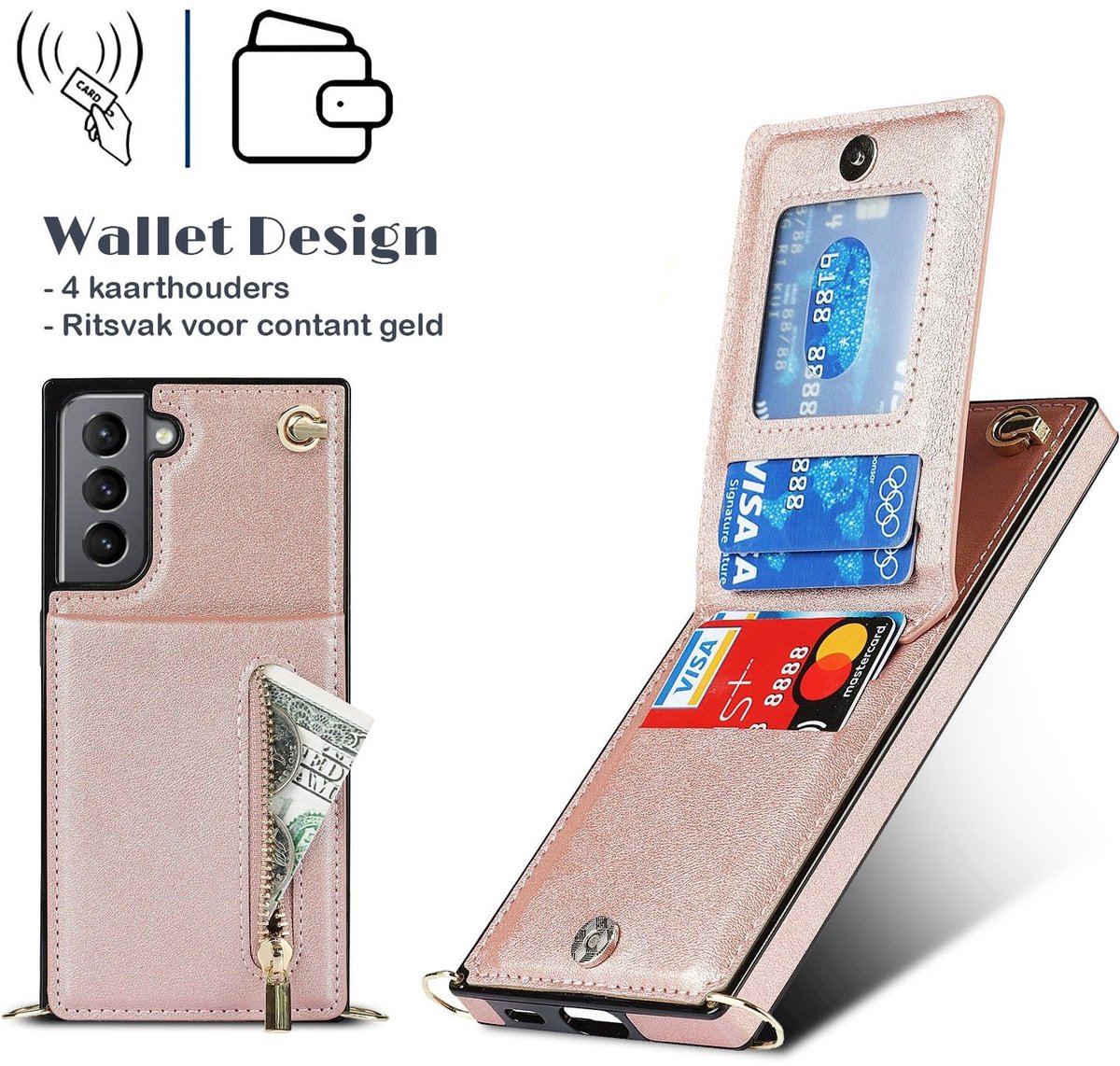 Wallet hoesje met koord geschikt voor Samsung S23 Plus - Rosegoud