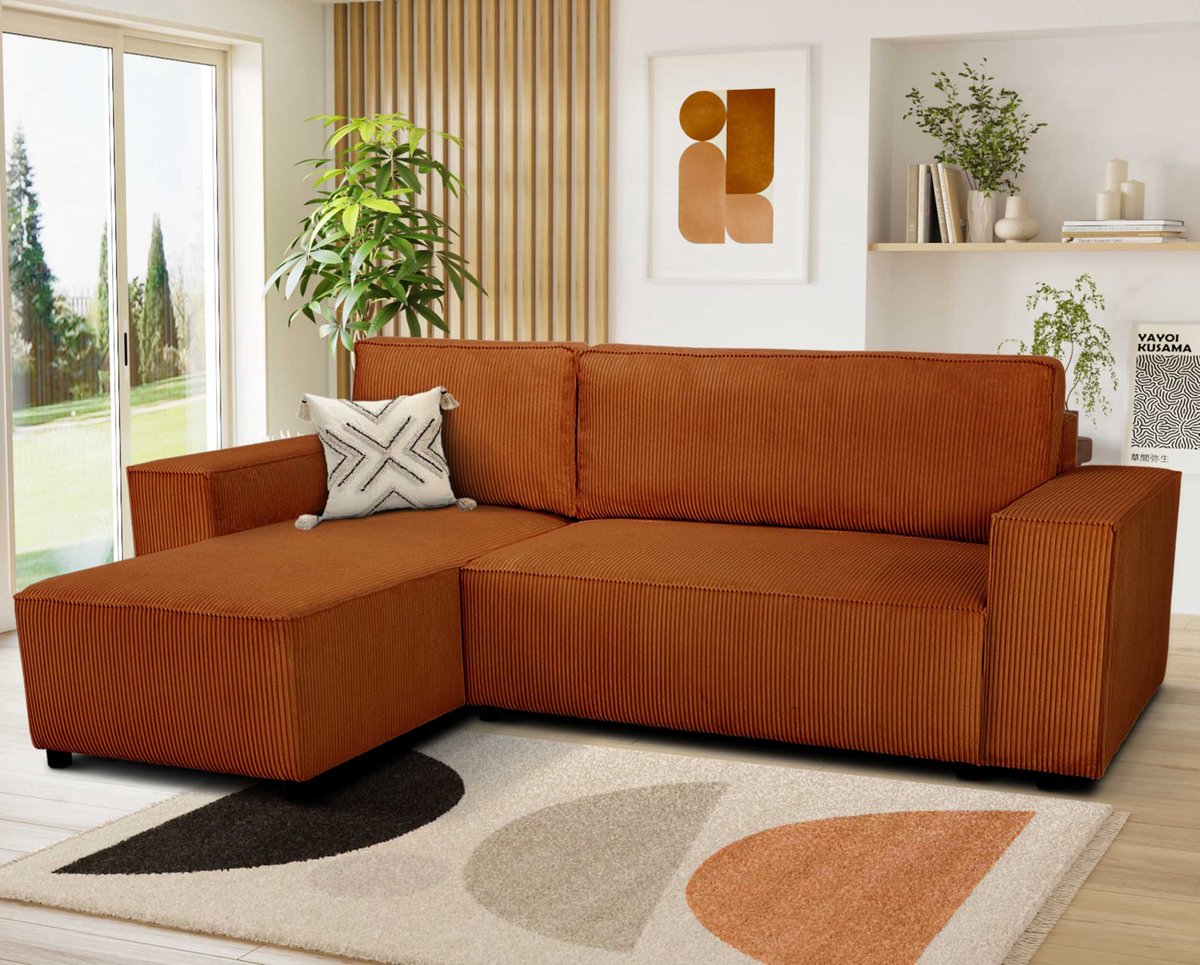 Hoekbank Josh Links - Met Opbergruimte - Terracotta Ribfluweel