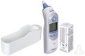 Braun oorthermometer met opberghouder, lensfilters en beschermkap. Witte en blauwe kleuren.