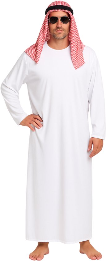Joya Kids® | Arabier Verkleedpak Volwassenen | 3-delig Luxe Wit Gewaad met Rode Hoofddoek & Zwarte Band | Arabisch Kostuum Carnaval & Halloween | Arabische Sjeik Outfit | 1001 Nacht | Europese Pasvorm | 1 Maat
