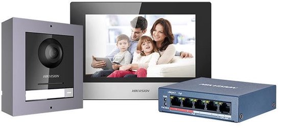 Kit interphone vidéo IP complet Hikvision DS-KIS602 avec DS-KD8003-IME1, DS-KH6320-WTE1 en saillie, commutateur PoE et carte SD