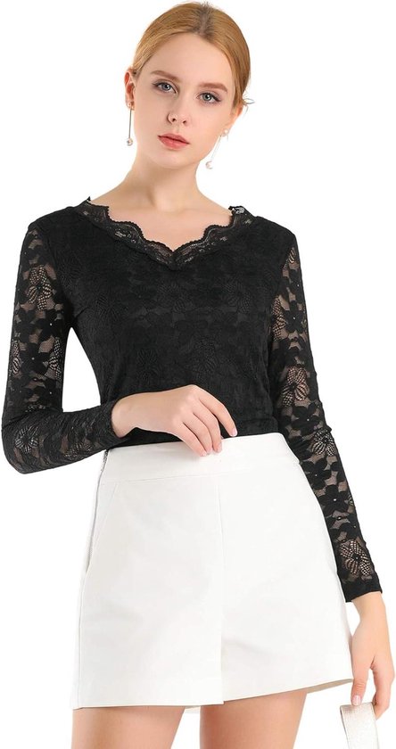 Chemisier à manches longues en dentelle transparente pour femme, col à volants et imprimé Fleurs en maille - Zwart - Taille 3XL