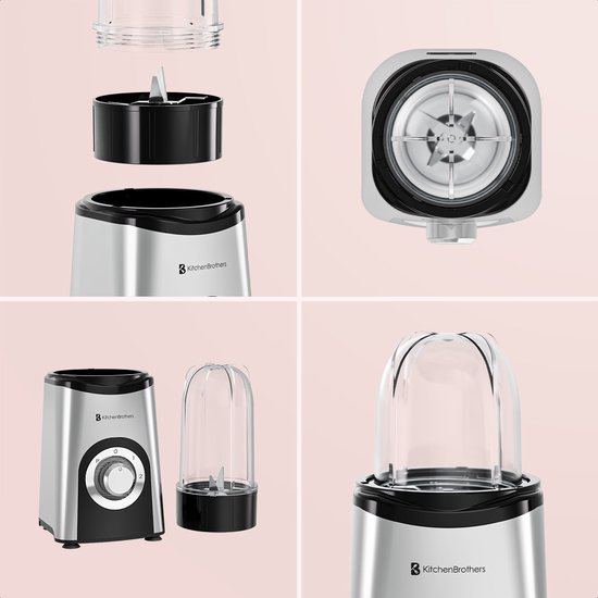 KitchenBrothers Smoothie Blender - 2-in-1 - Blender to Go - 4 Bekers - Smoothie Maker To Go - Mini Blender - Zilver