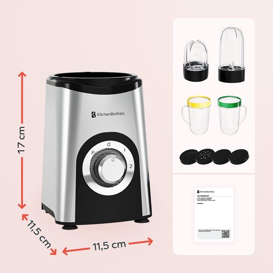 KitchenBrothers Smoothie Blender - 2-in-1 - Blender to Go - 4 Bekers - Smoothie Maker To Go - Mini Blender - Zilver