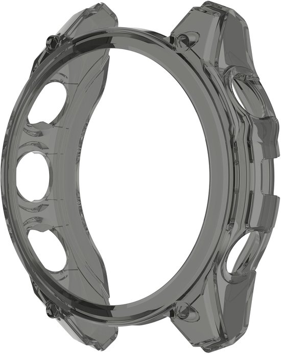 Grijze transparante beschermhoes voor een sporthorloge, met uitsparingen voor knoppen en de sensor.
