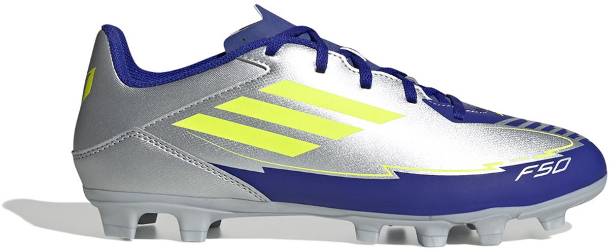 Adidas F50 Club Messi voetbalschoenen in zilver en paars, maat EU 44 2/3, met opvallende gele details en synthetisch boven...