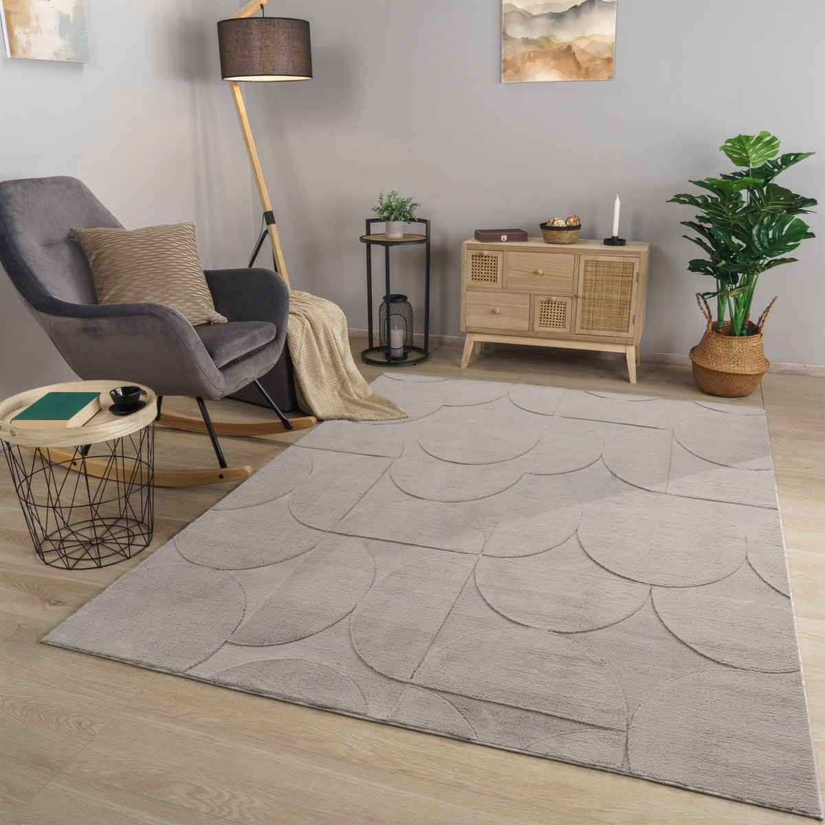 Woonkamertapijt eetkamer kortpolig geometrisch uiterlijk Skandi Boho effen kleuren
