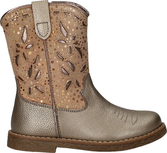 Gouden laarsje met glitter en bloemenpatroon. De schacht is van beige suède met uitgesneden bladeren en gouden pailletten.