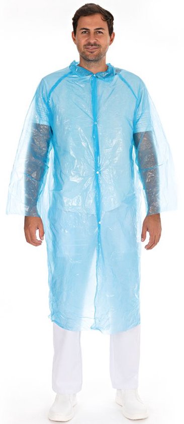 Blauw PE-jasje met drukknopen, gedragen door een man van voren gezien. Lange mouwen, valt over de knie.