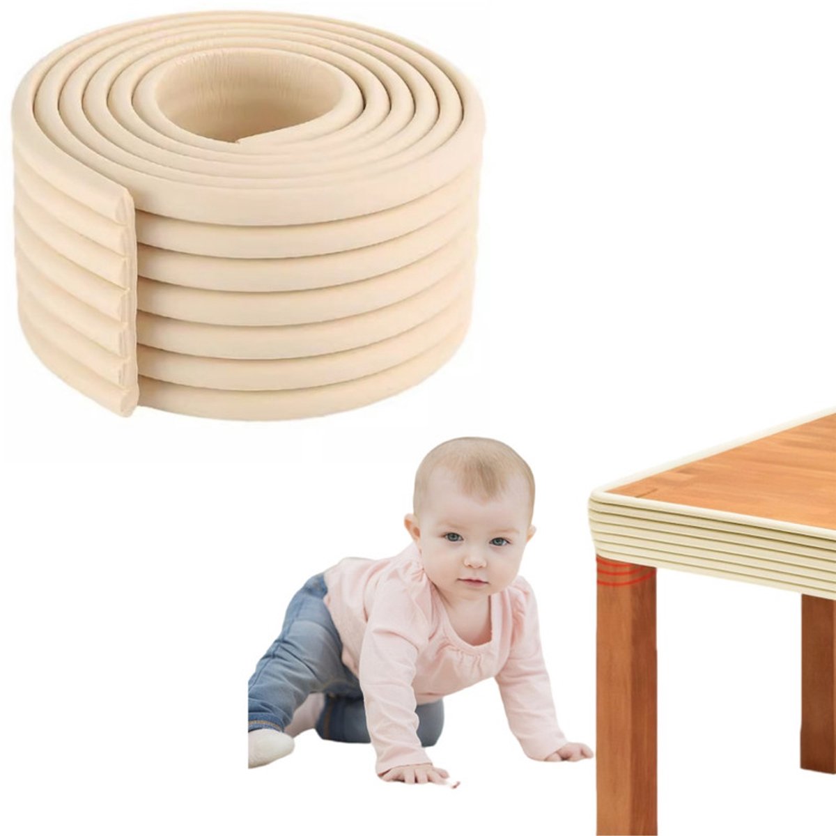 Image of 1 stuk - Babyveiligheidshoekbeschermer - Zachte veiligheidsrand - Brede schuimstrip - Zelfklevende hoekbeschermer - Eenvoudig te installeren - Geurloos - Beige - 8 cm x 2 m - Geschikt voor alle meubels